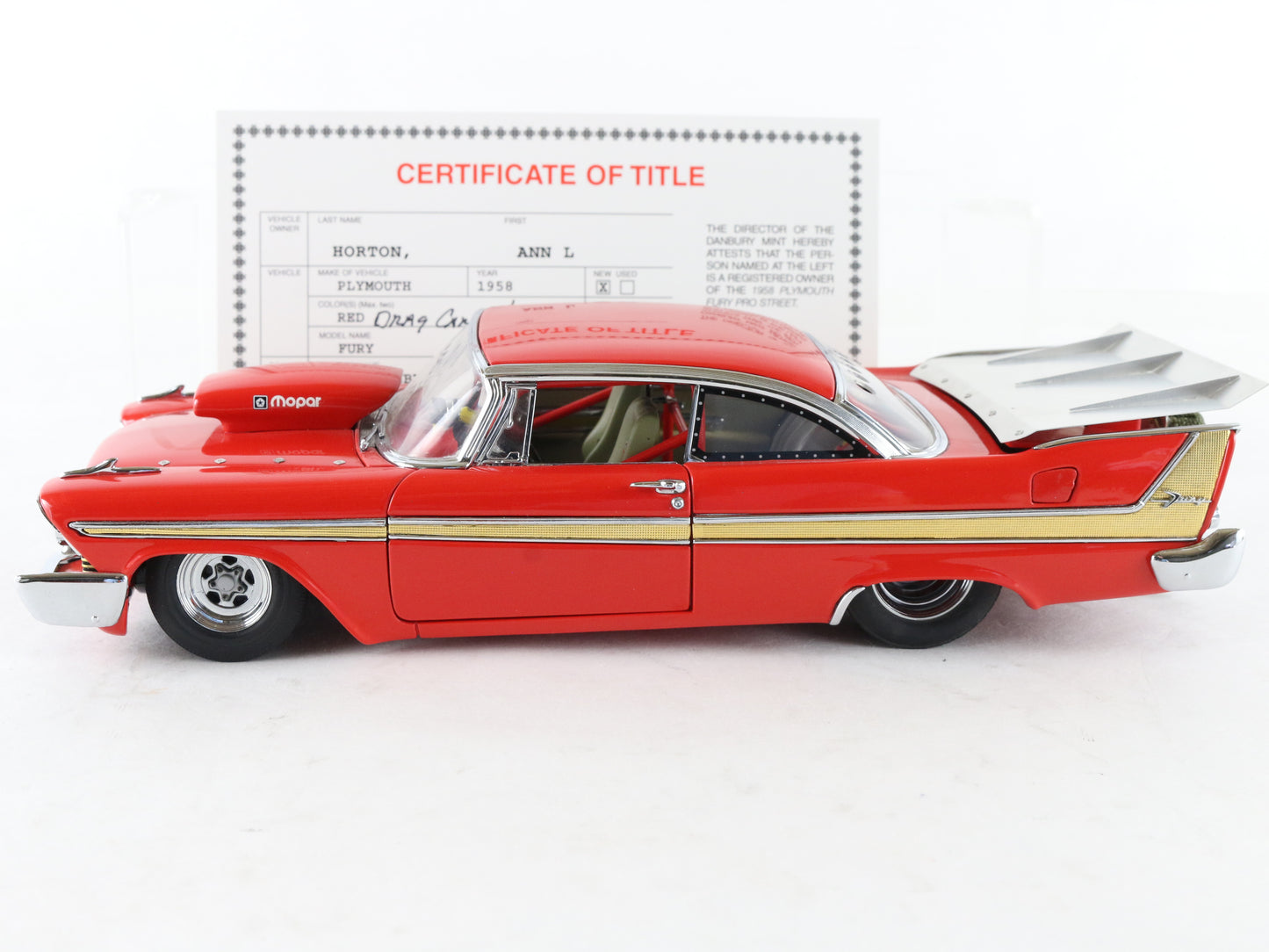 1958 Plymouth Fury Pro Street Red Dragster Danbury Mint 1:24 Model Car