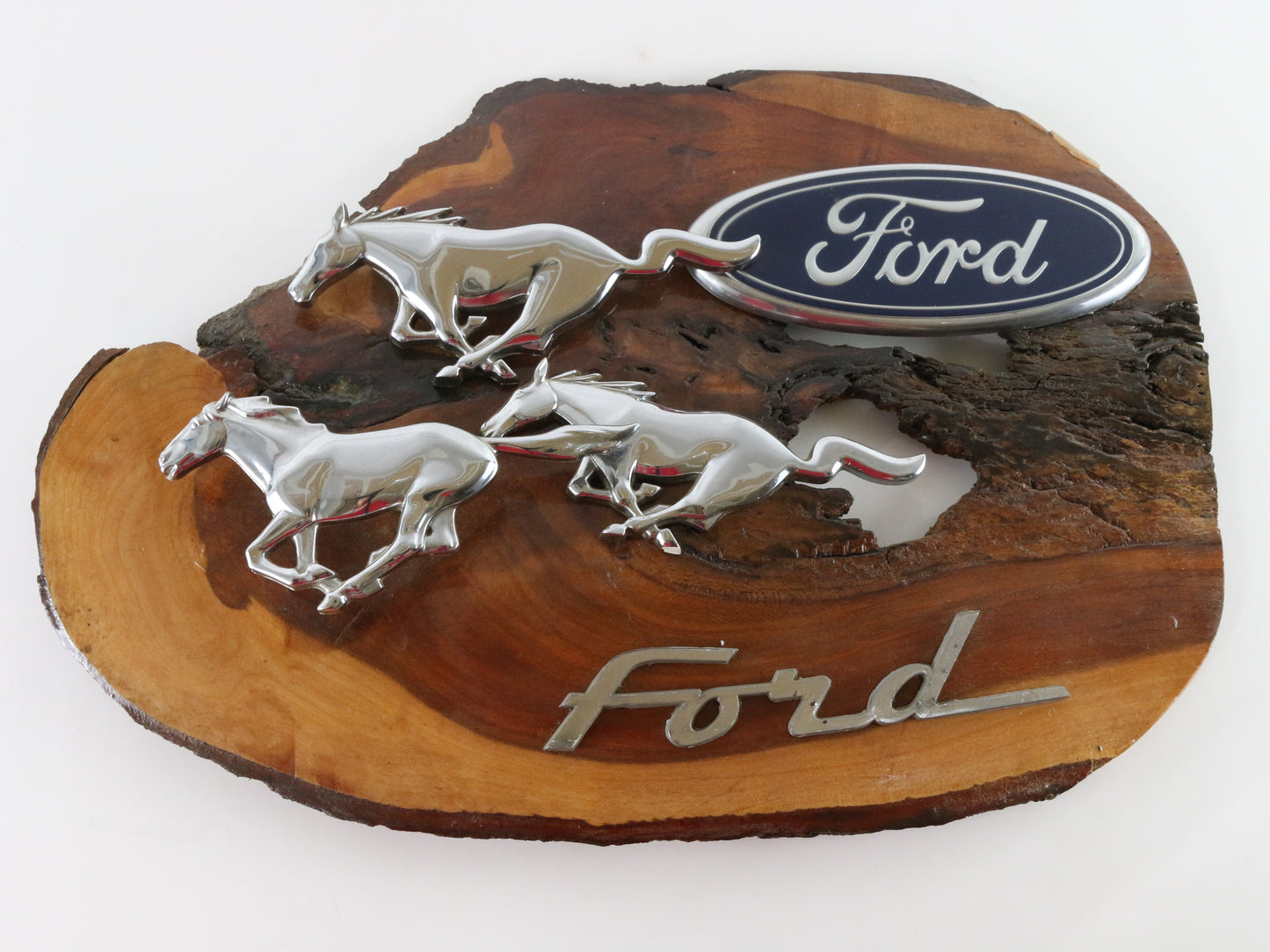 Ford Mustang Display Ornament Badges with Wooden Stump Backing 1960s Era