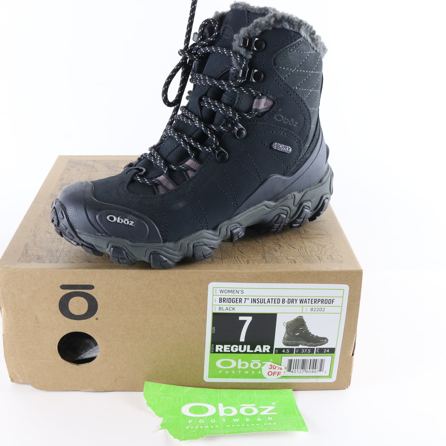 Oboz Bridger 7" Insulated B-Dry Waterproof Womens Winter Hiking Boots Black sz 7