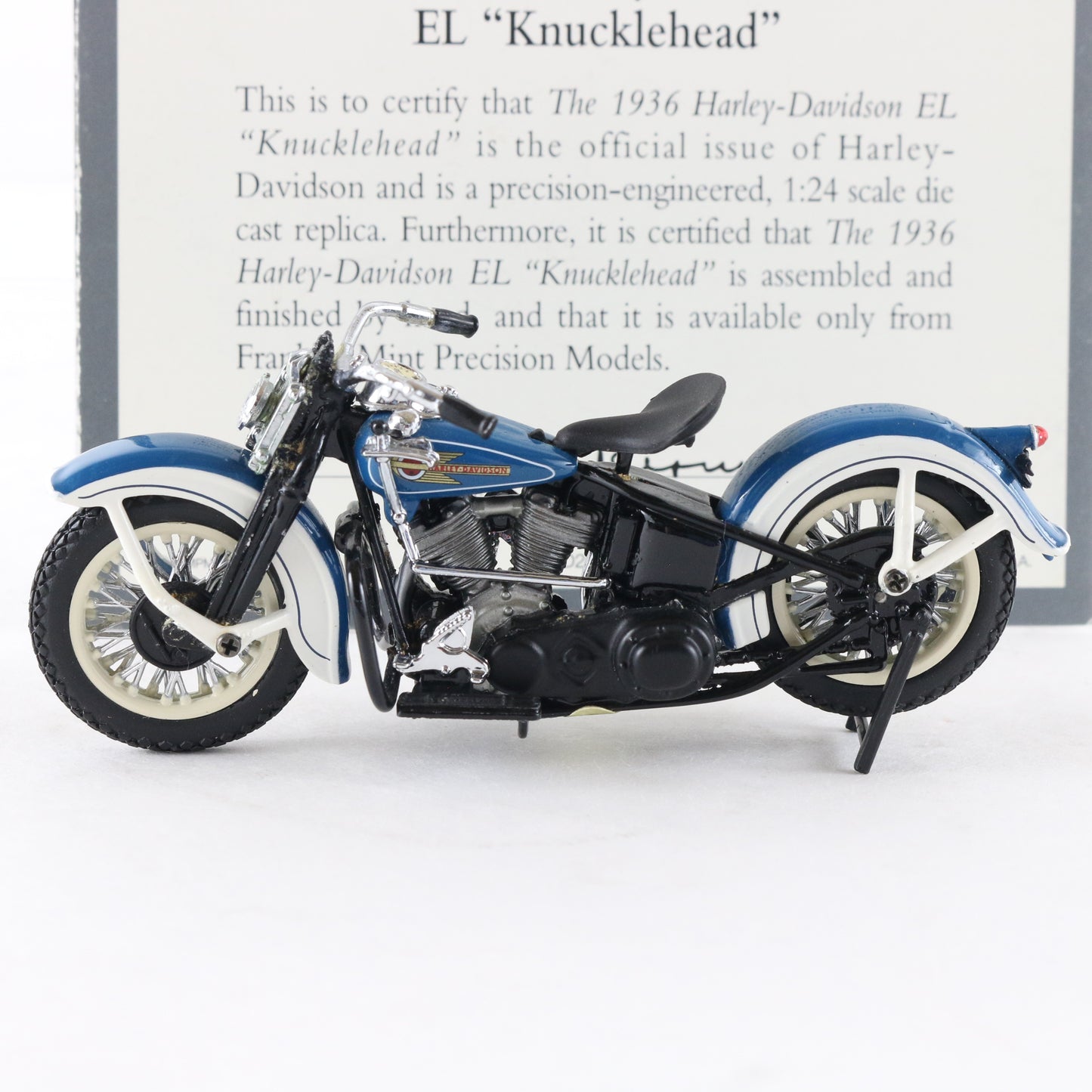 1936 Harley Davidson El Knucklehead Blue White Franklin Mint 1:24 Motorcycle
