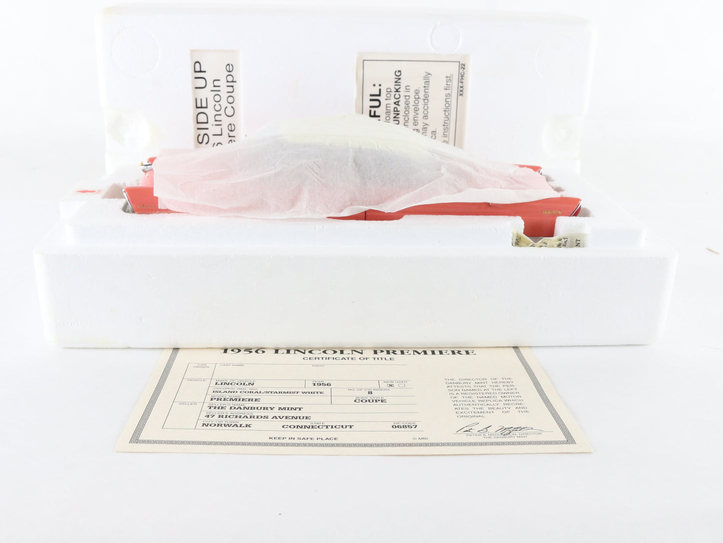 1956 Lincoln Premiere Coupe Coral & White Danbury Mint 1:24 Diecast Model