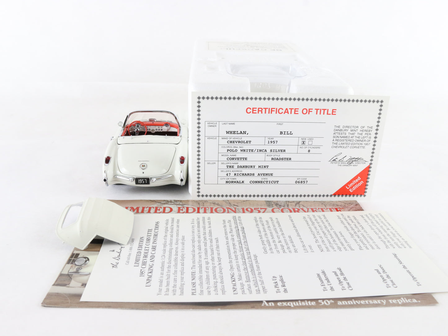 1957 Chevy Corvette Roadster Limited White Silver Danbury Mint 1:24 Diecast 2678