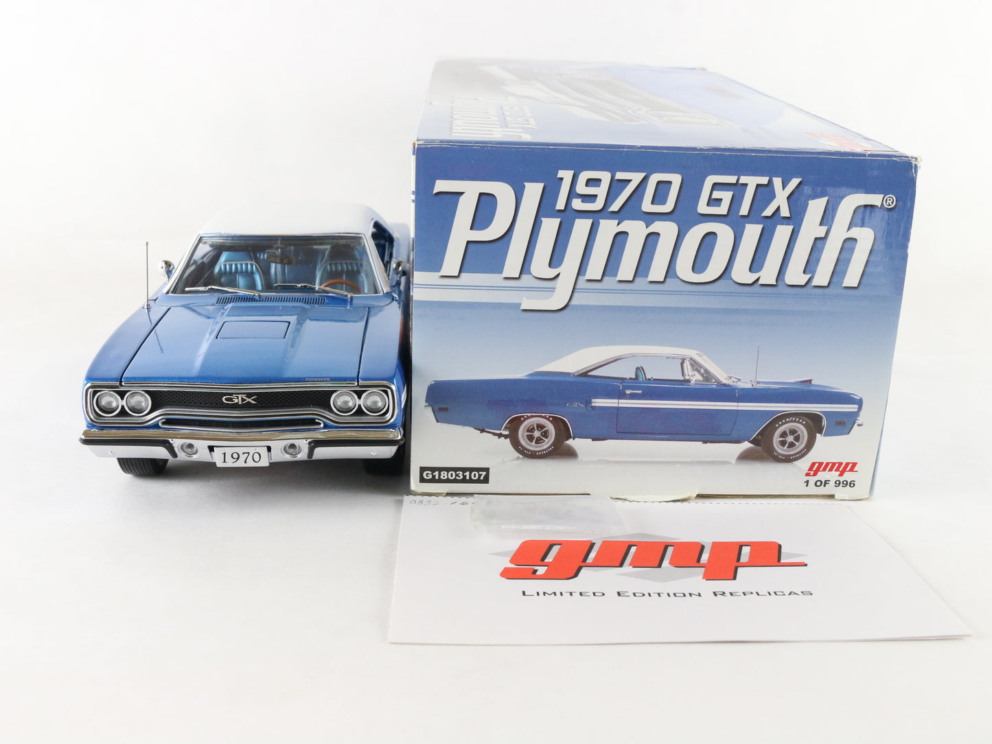 1970 Plymouth GTX Blue & White GMP 1:18 Diecast Model Car 1 Of 996 G1803107