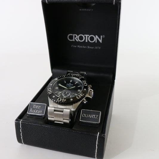 Vintage Croton Japan Quartz Men's Watch Stainless Steel Black and Silver 10 ATM