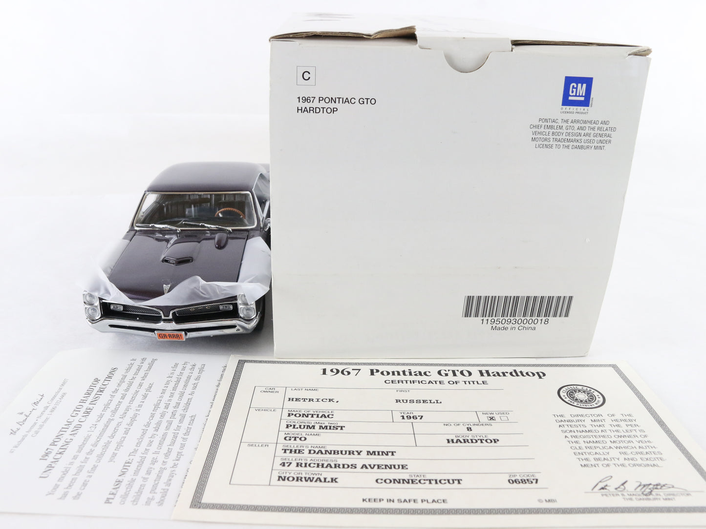 1967 Pontiac GTO Hardtop Plum Mist Purple Danbury Mint 1:24 Diecast Model