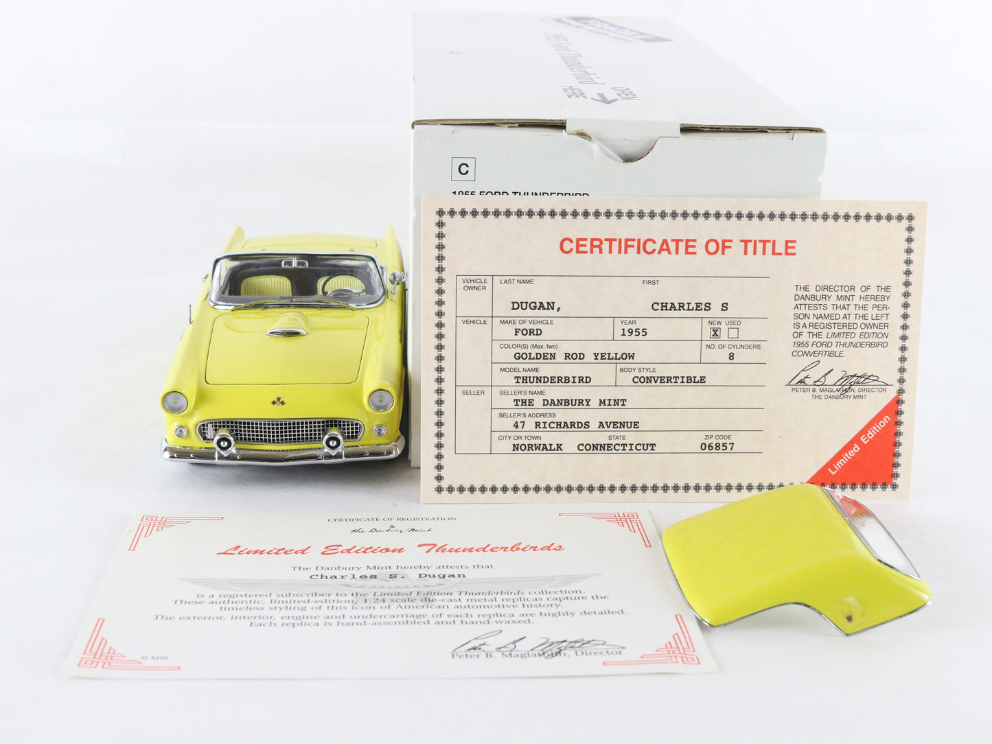 1955 Ford Thunderbird Convertible Yellow Limited Danbury Mint 1:24 Diecast 3726