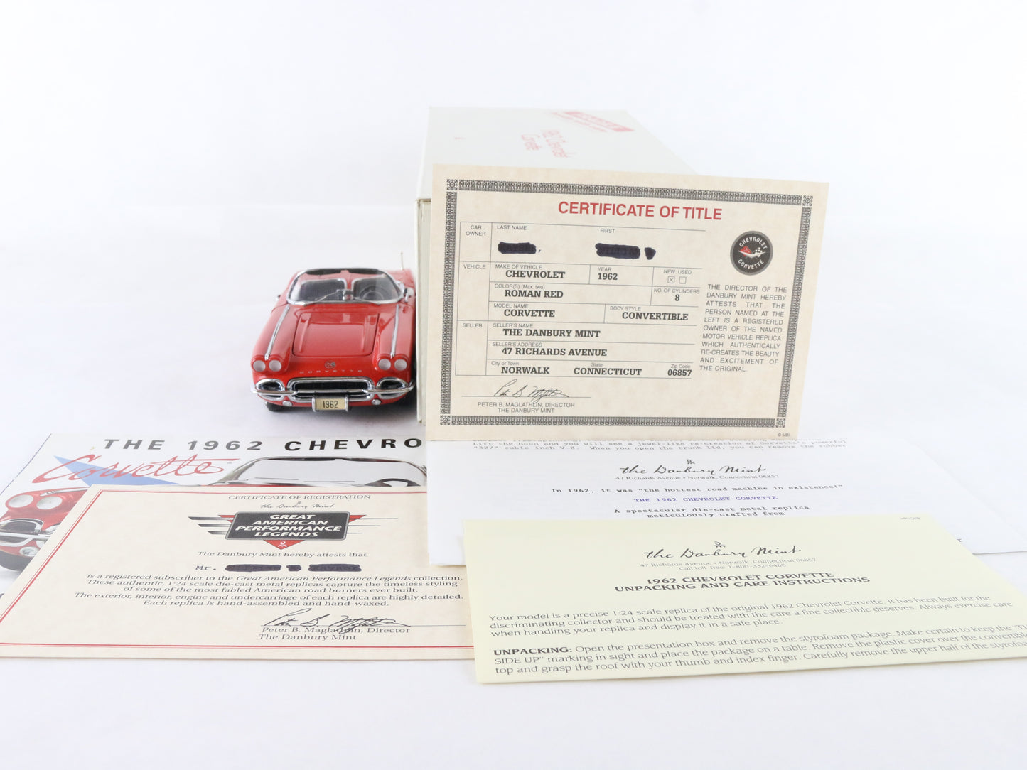1962 Chevy Corvette Convertible Roman Red Danbury Mint 1:24 Diecast Model
