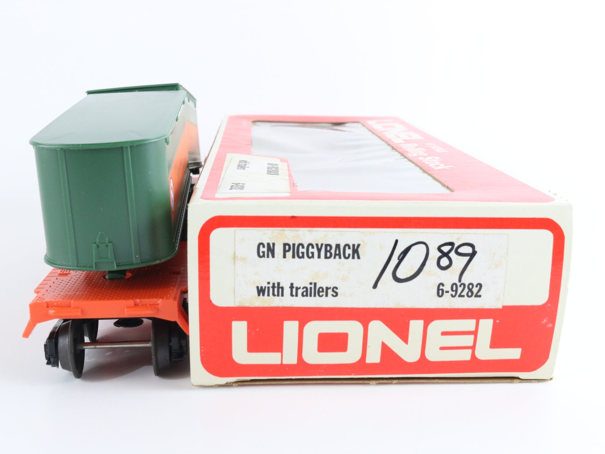 Lionel O 6-9282 Great Northern GN 9282 Piggyback Flat Car W/ Trailers colorful GN intermodal flat car set