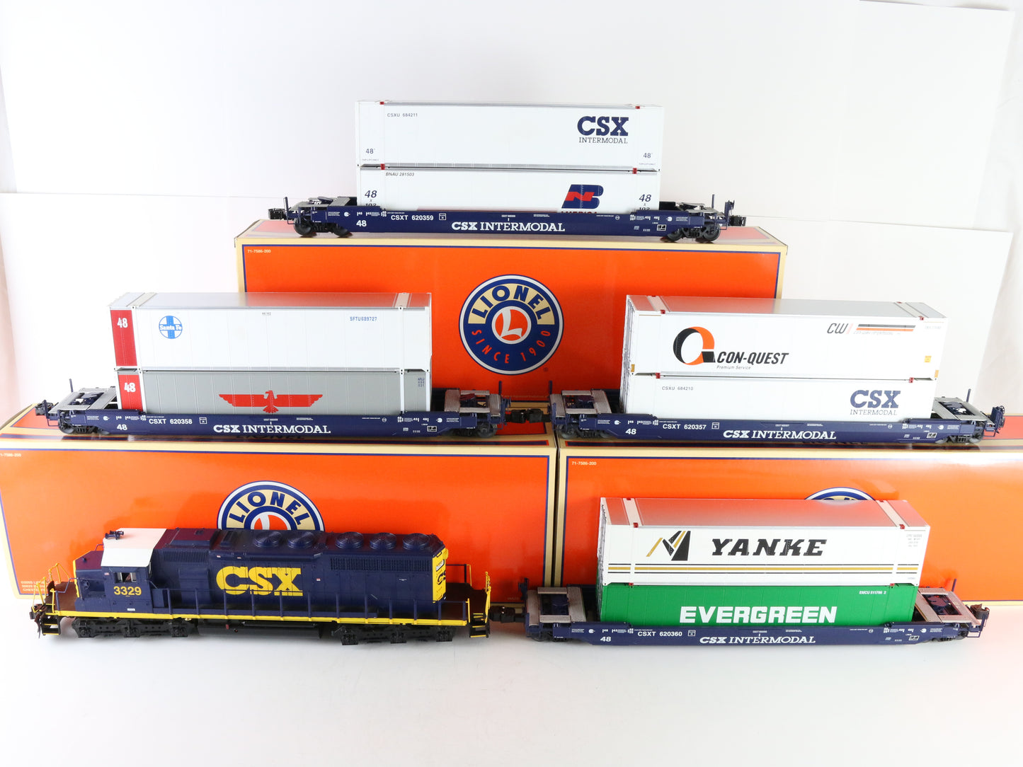 Lionel Set O 6-31760 CSX 3329 SD40-2 Husky Stacks Container Depressed Flat Cars