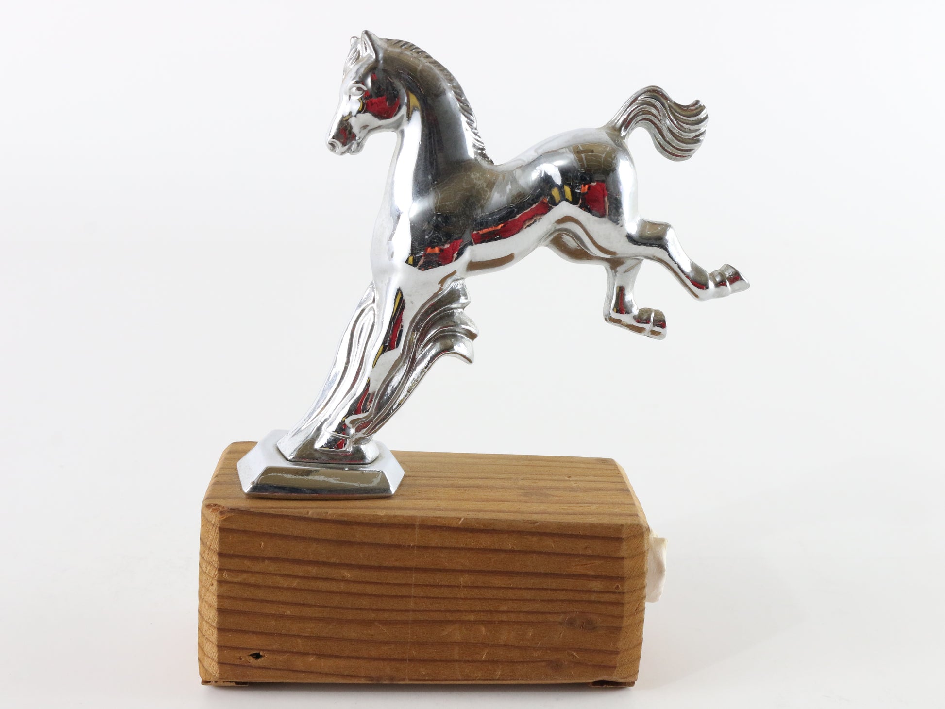 Vintage Jumping Pony Chrome Hood Ornament with Stand & Paperwork