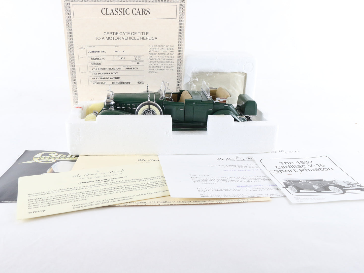 1932 Cadillac V-16 Sport Phaeton Convertible Green Tan Danbury Mint 1:24 Diecast