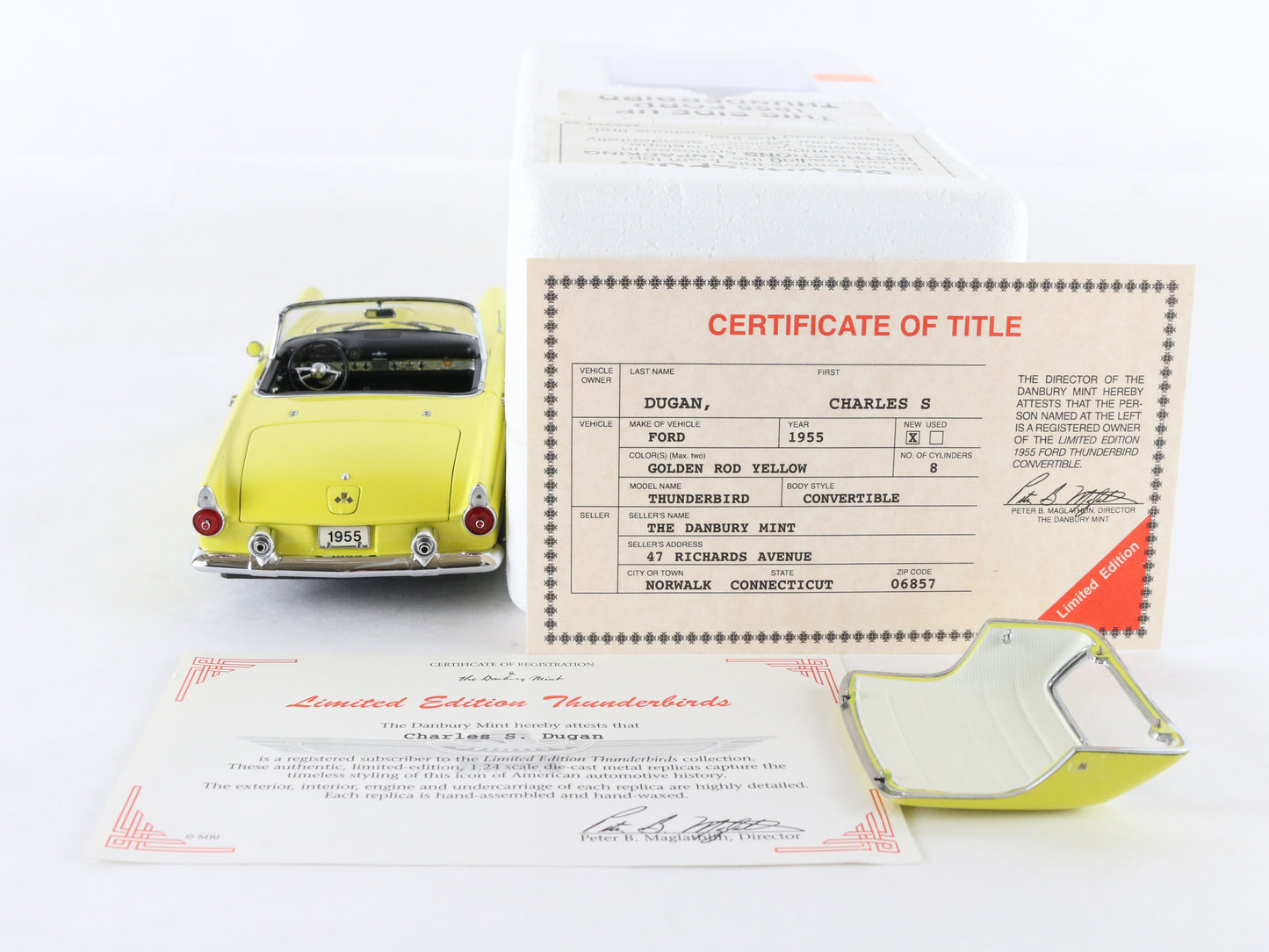 1955 Ford Thunderbird Convertible Yellow Limited Danbury Mint 1:24 Diecast 3726