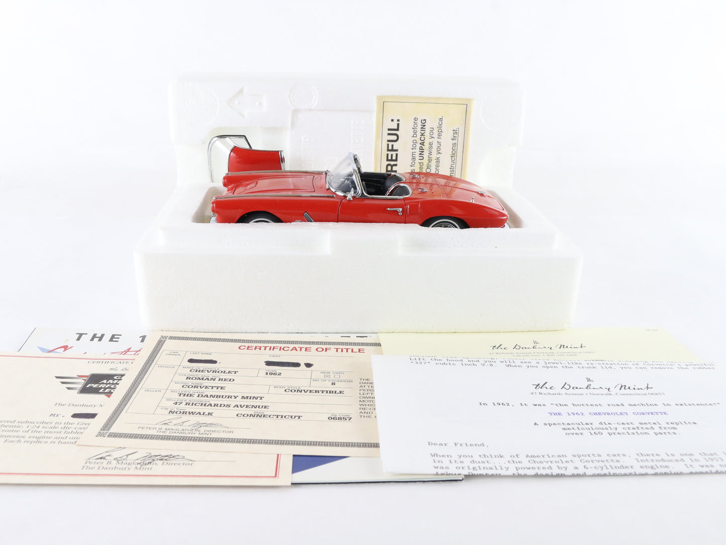 1962 Chevy Corvette Convertible Roman Red Danbury Mint 1:24 Diecast Model