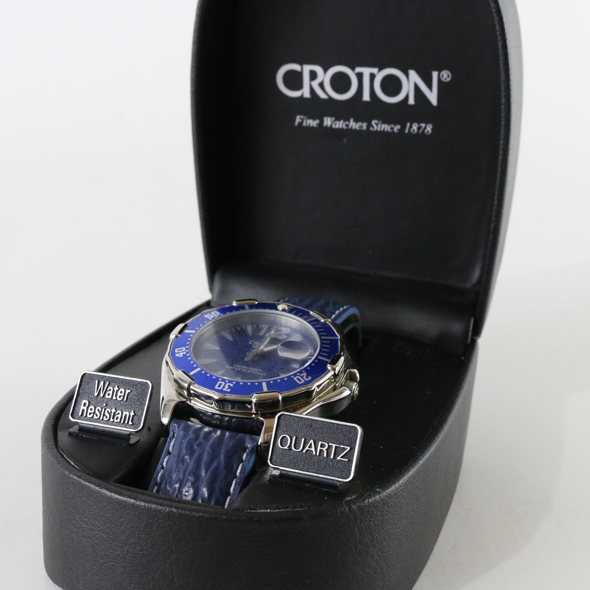 Croton Japan Quartz Men's Watch Blue and Silver Stainless Steel Leather Band 10 ATM