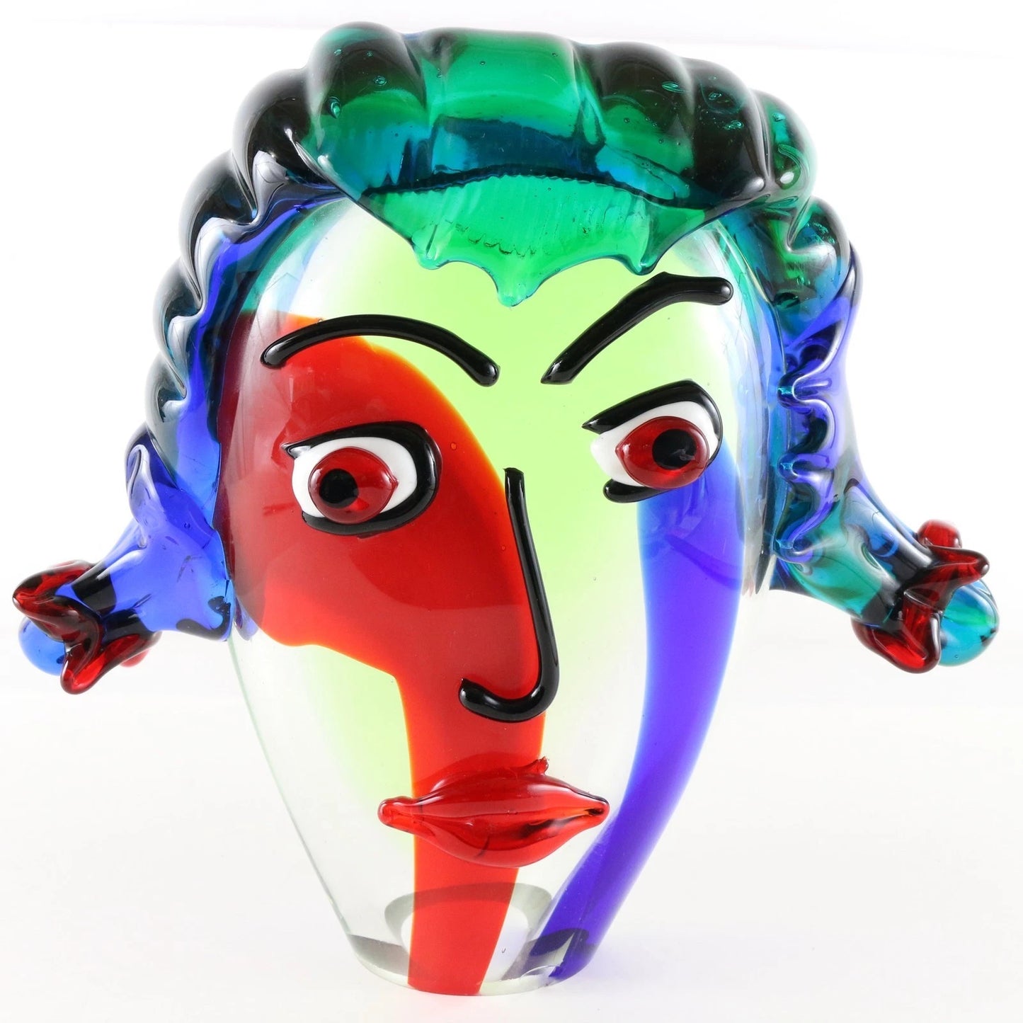 Italian Murano Glass Face Sculpture Art Bust Green Blue Red 10.5” 26cm