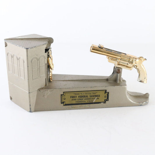 Vintage First Federal Savings Wild West Mechanical Gun Bank NO KEY, WORKS