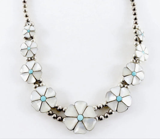 Vintage Zuni Native American Desert Flower Blossom Sterling Silver Necklace 132g