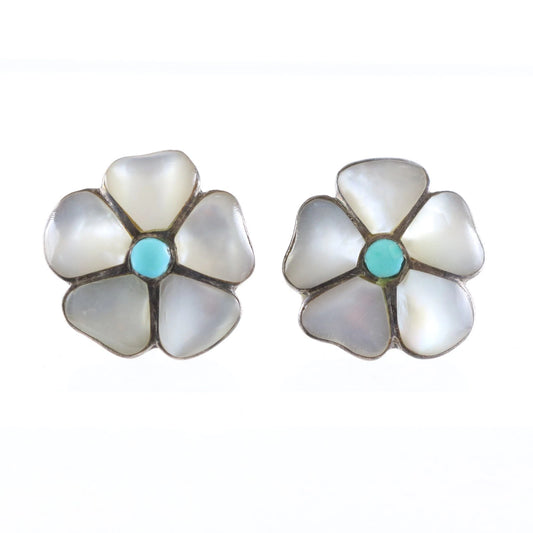Vintage Zuni Native American Turquoise Mother Of Pearl Silver Earrings