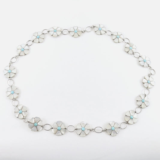 Zuni Native American Turquoise Mother Of Pearl Sterling Silver Concho Belt 194g