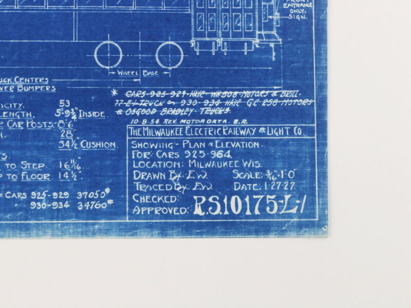 Milwaukee Electric Plan & Elevation Cars 925-964 Trolley Blueprint 1927 11"