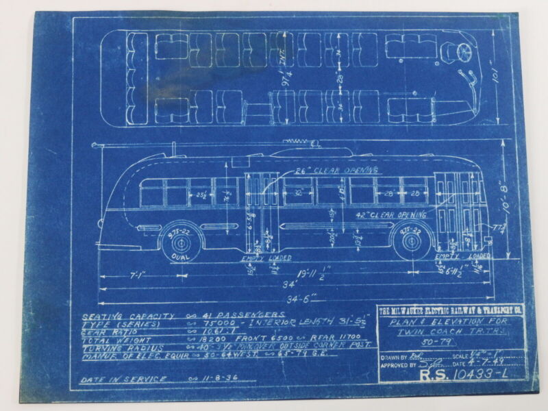 Milwaukee Electric Plan & Elevation Twin Coach 50-79 Trolley Blueprint 1949 11"