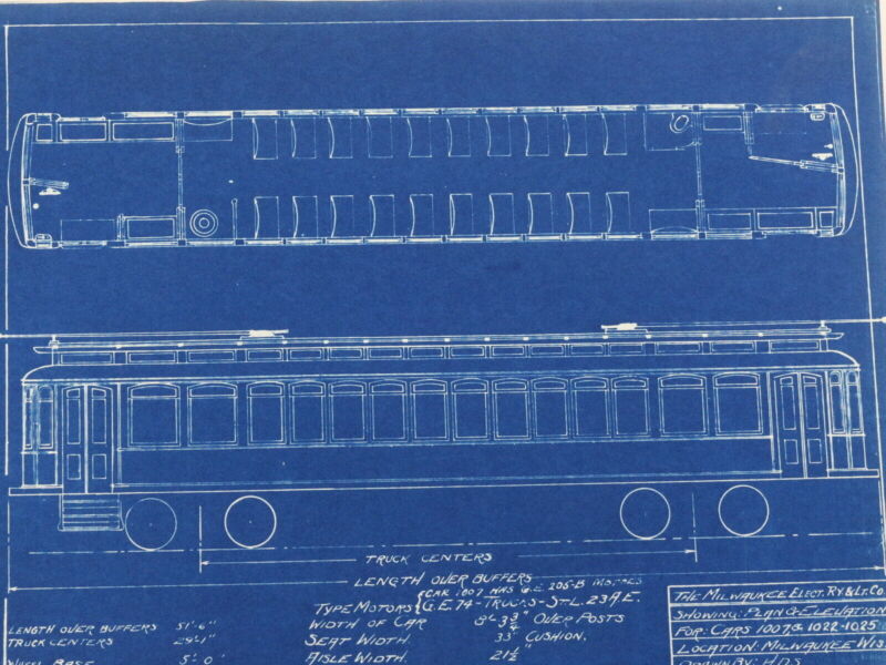 Milwaukee Electric Plan & Elevation 1007 1022-1025 Trolley Blueprint 1922 11"