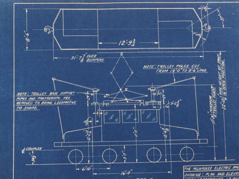 Milwaukee Electric Plan & Elevation Locomotive L3 L4 Trolley Blueprint 1933 11"