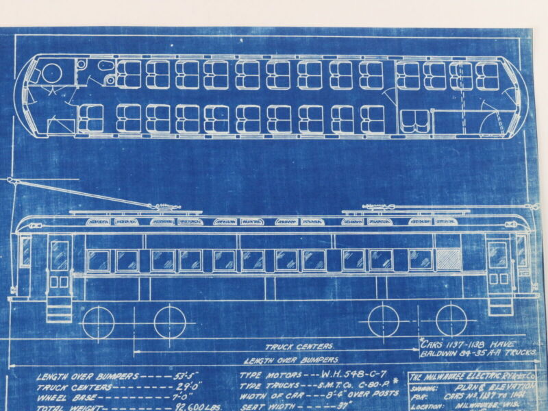 Milwaukee Electric Plan & Elevation Cars 1137-1141 Trolley Blueprint 1927 11"