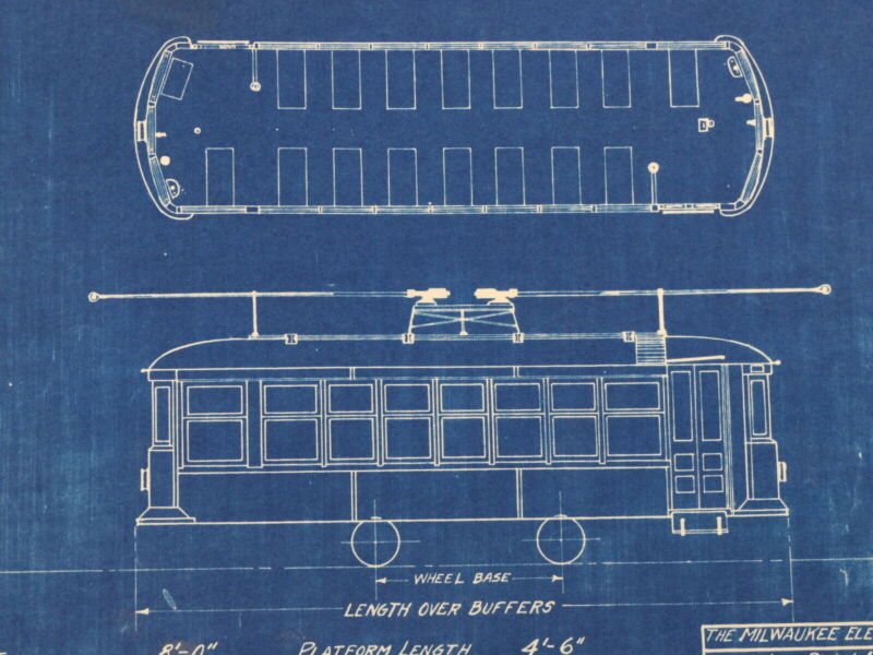 Milwaukee Electric Plan & Elevation Cars 60-76 Trolley Blueprint 1922 10"