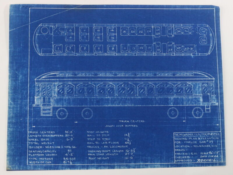 Milwaukee Electric Plan & Elevation Parlor Car 97 Trolley Blueprint 1924 11"