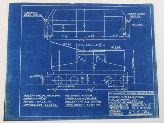 Milwaukee Electric Plan & Elevation L-5 Locomotive Trolley Blueprint 1935 11"