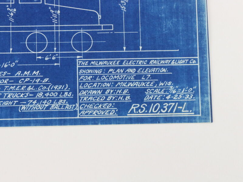 Milwaukee Electric Plan & Elevation L7 Locomotive Trolley Blueprint 1933 11"