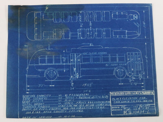 Milwaukee Electric Plan & Elevation Twin Coach TRS 164-173 Blueprint 1949 10.75"