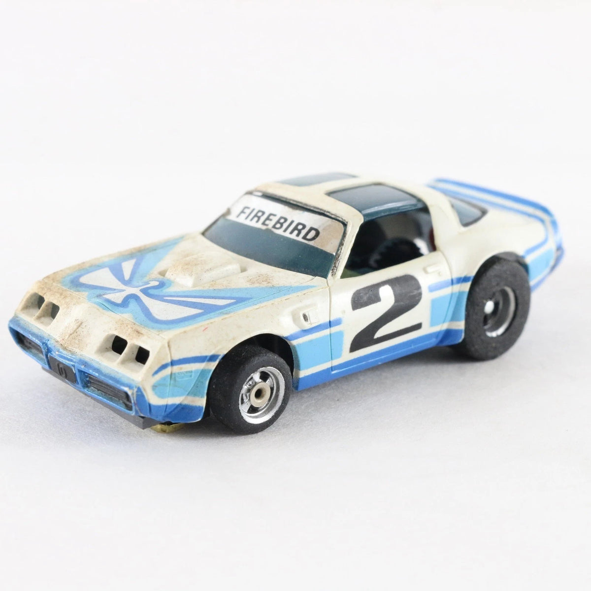 Aurora AFX Pontiac Firebird #2 White Blue Screecher Slotless HO Slot Car