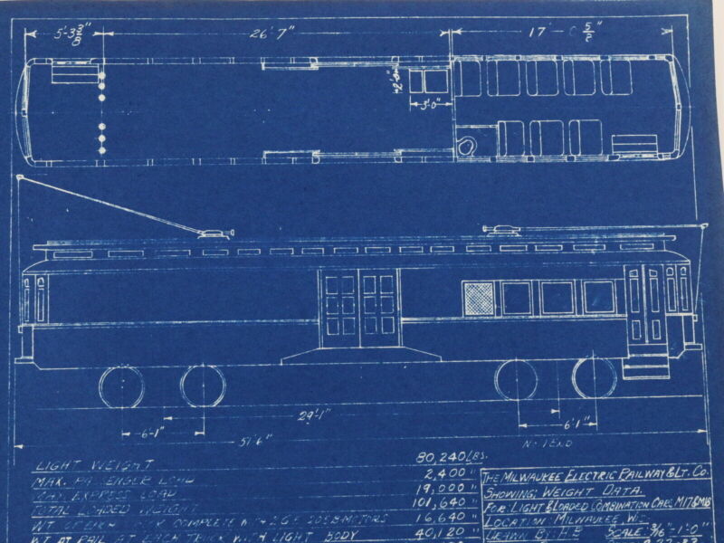 Milwaukee Electric Weight Data Light Loaded Combo Cars M17 Blueprint 1933 11"