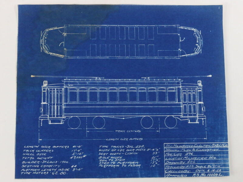 Milwaukee Electric Plan & Elevation Car 496 Trolley Blueprint 1922 9.75"