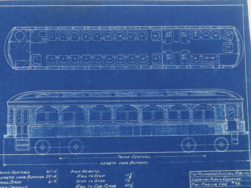 Milwaukee Electric Plan & Elevation Parlor Car 98 Trolley Blueprint 1923 11"