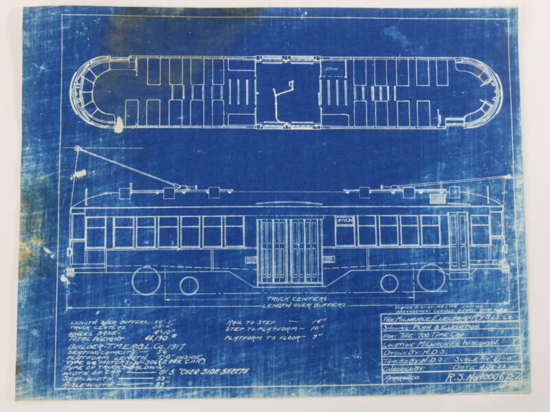 Milwaukee Electric Plan & Elevation 700 Type Car Trolley Blueprint 1922 11"