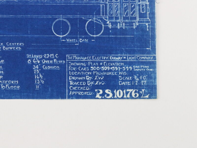 Milwaukee Electric Plan & Elevation 500-509 591-599 Trolley Blueprint 1927 9.75"