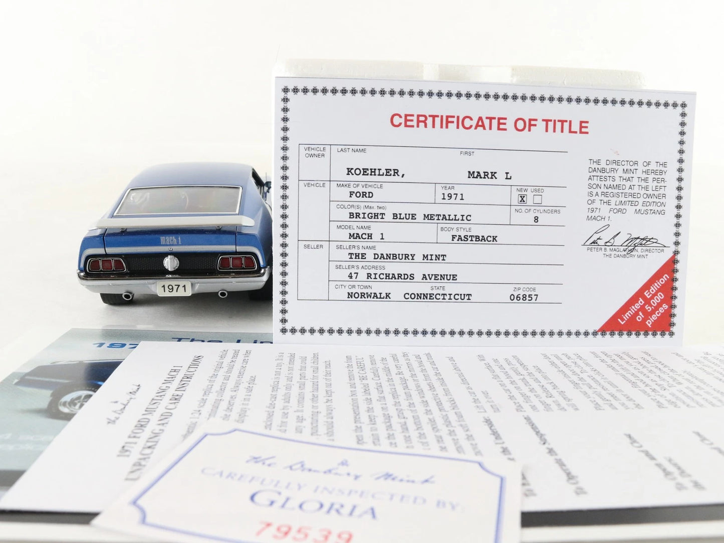 1971 Ford Mustang Fastback Mach 1 Blue #1163/5000 Danbury 1:24 Diecast Model