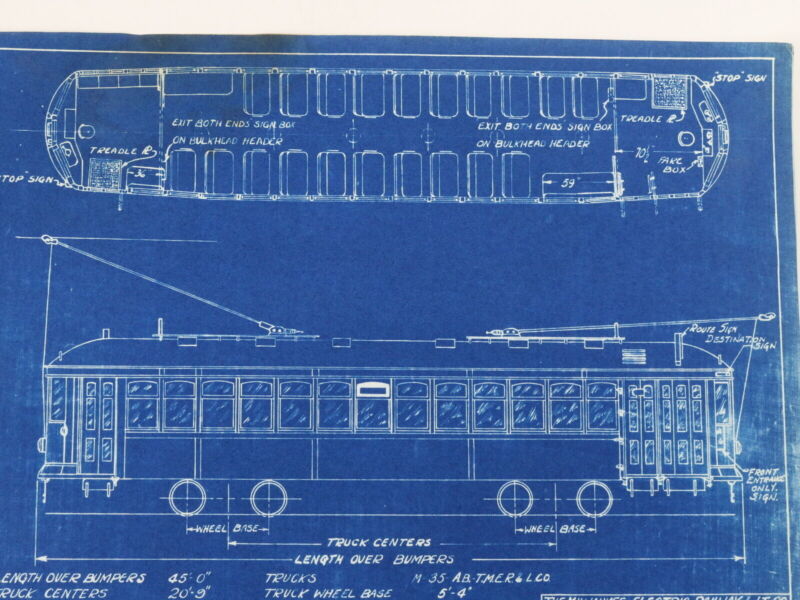 Milwaukee Electric Plan & Elevation Cars 800-899 Trolley Blueprint 1929 11"