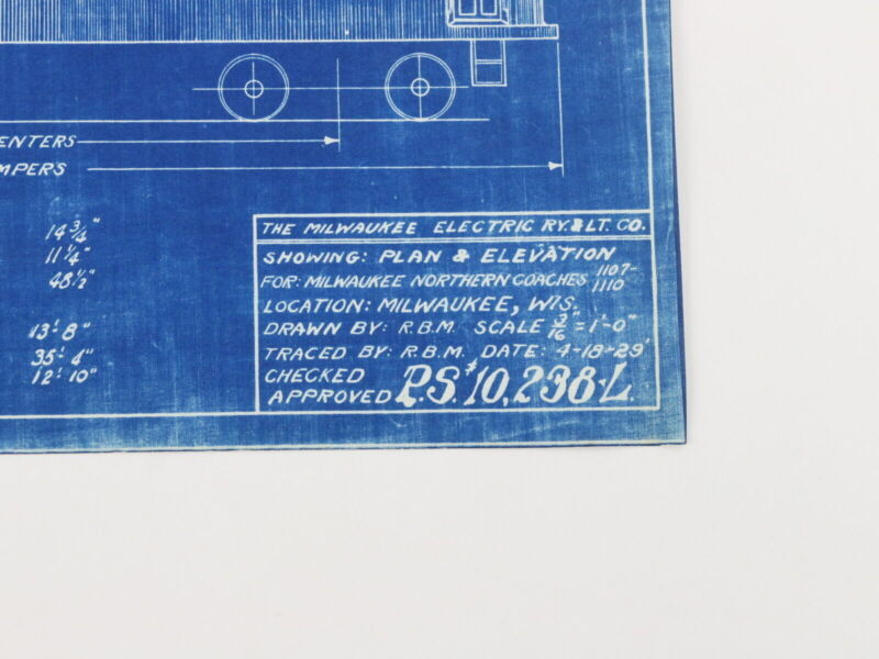 Milwaukee Electric Plan & Elevation Northern Coaches 1107-10 Blueprint 1929 11"