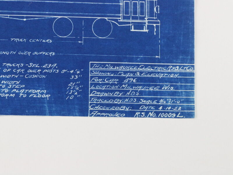 Milwaukee Electric Plan & Elevation Car 496 Trolley Blueprint 1922 9.75"