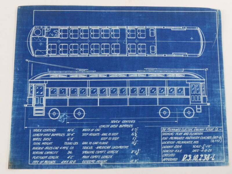 Milwaukee Electric coach trolley blueprint 1929