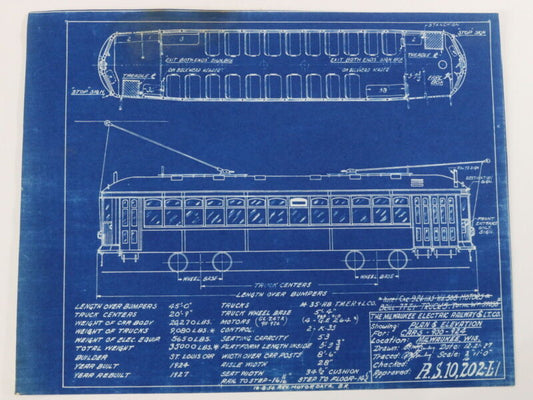 Milwaukee Electric Plan & Elevation Cars 900-924 Trolley Blueprint 1927 11"