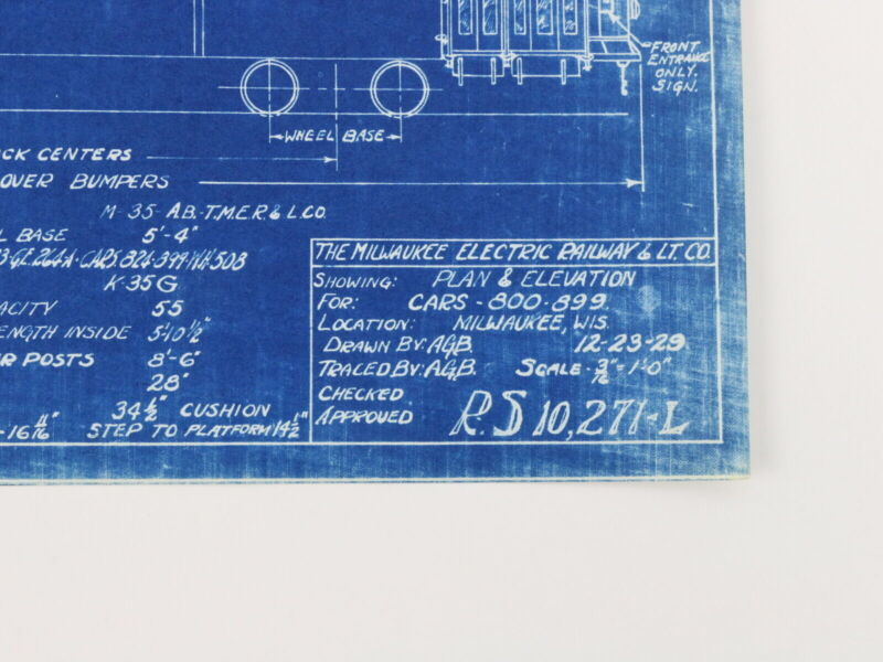 Milwaukee Electric Plan & Elevation Cars 800-899 Trolley Blueprint 1929 11"