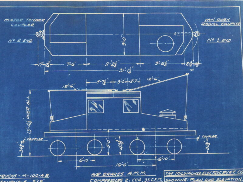 Milwaukee Electric Plan & Elevation Locomotive L-5 Trolley Blueprint 1941 11"