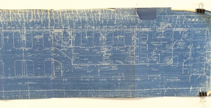 Vintage Train Blueprint of Overhead Passenegr Car View Smoking Room, Dining 42���