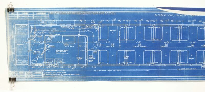 Pullman Passenger Sleeping Car Plan Train Blueprint 4022A 68-B-92 43"