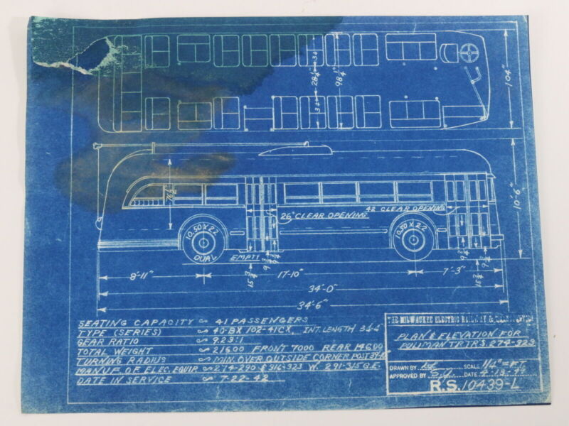 Milwaukee Electric Plan & Elevation Pullman TR TRS Trolley Blueprint 1949 11"